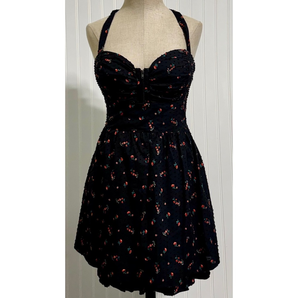 Guess Womens 11 Y2K Black Floral Halter Mini Dress Cotton‎ Coquette  Rockabilly